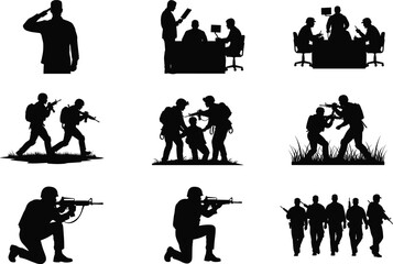 Military soldiers silhouettes in action, armed forces teamwork, combat training, tactical mission, army patrol, warfare concept, defense illustration, black vector design