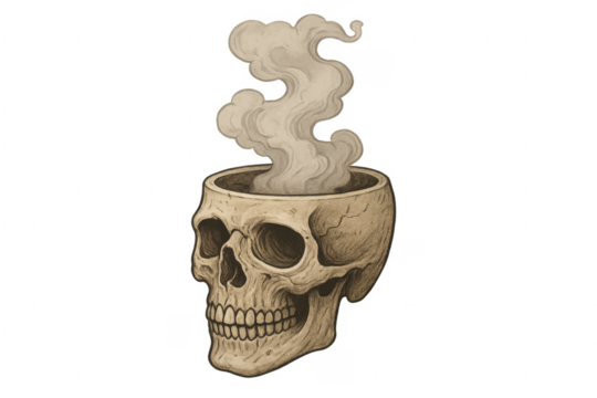 Skull head emitting smoke representing brain fog concept