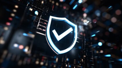 A glowing shield symbol stands out against a dark background filled with digital patterns. The design emphasizes themes of data safety and cybersecurity in a high-tech environment. - Powered by Adobe