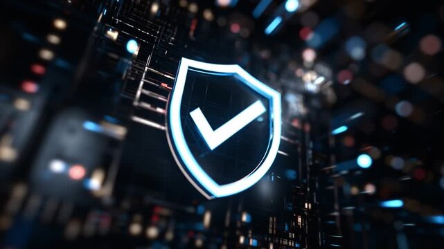 A glowing shield symbol stands out against a dark background filled with digital patterns. The design emphasizes themes of data safety and cybersecurity in a high-tech environment.