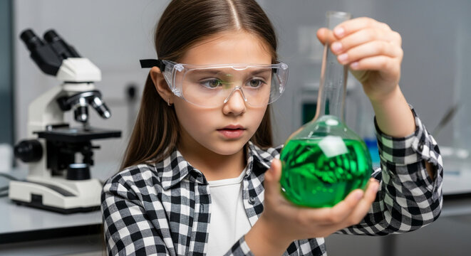 Girl in safety glasses holds flask with green liquid, microscope in background, illustrating scientific exploration and childhood curiosity