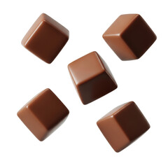 Fototapeta premium Five sculpted, glossy milk chocolate squares floating weightlessly on a transparent background, illuminated by soft studio light, ultra photorealistic confectionery advertising concept