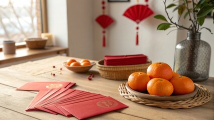 Red envelopes and oranges arranged on a wooden table for Lunar New Year celebration