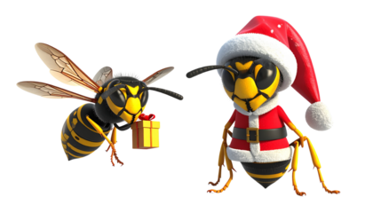 Two cartoon yellowjacket wasps in Santa outfit bundle isolated on transparent background