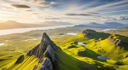 Stunning golden hour light bathes vibrant green rolling hills, jagged peaks, and serene lakes in a breathtaking panoramic landscape vista.