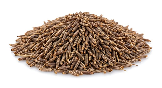 A close-up shot of a small, brown pile of cumin seeds against a white background