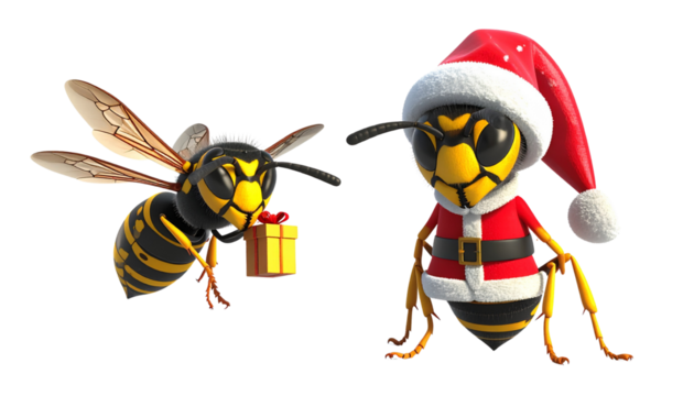 Two cartoon yellowjacket wasps in Santa outfit bundle isolated on transparent background