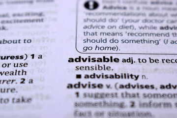 English Definition Dictionary Page Close Up Of Printed Word Of -Advisable