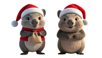 Two cartoon wombat in Santa outfit bundle isolated on transparent background