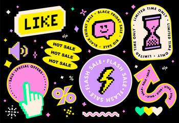 Y2k inspired Black Friday bright color stickers in 8 bit retro game digital nostalgic style. Percentage symbol, lightning icon with Flash Sale text. Promo special offers vector elements on black bg