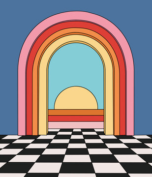 Vector Illustration of a Vintage Boho Retro Styled Poster Background with Surreal Abstract Rainbow Arch Surreal Doorways and Dreamlike Architecture with Sunset and Checkered Floor
