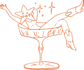 Whimsical line art illustration of star girl in cocktail glass. Doodle fun vector graphic