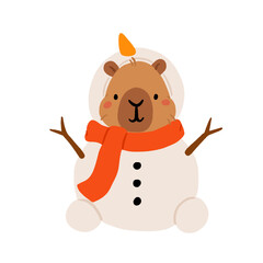 Collection of winter cute capybaras with New Years wreath, gift, bathing in hot water and in Christmas bow and hat. Vector illustration. Isolated kawaii animal character