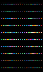 Vertical black background with multiple rows of colorful dashed lines.