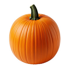 Obraz premium Perfectly ripe bright orange pumpkin, prominent ridges, dark green stem, high-angle view, transparent isolated background, soft studio lighting, no shadows. Commercial product concept