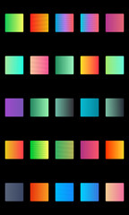 Set of colorful gradient squares on black background, suitable for design and art projects.
