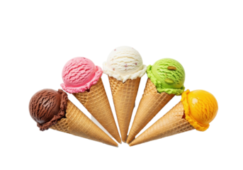 Five distinct, colorful ice cream scoops (chocolate, strawberry, pistachio, vanilla, mango) in crisp waffle cones, fanned on a transparent studio background with copy space, clean product advertising