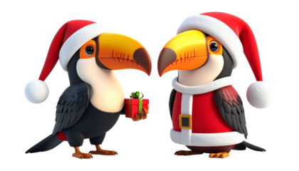 Two cartoon toucan in Santa outfit bundle isolated on transparent background