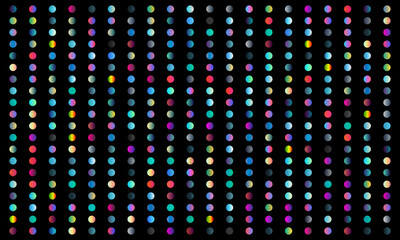 High-resolution image of a black background with a grid of multicolored dots in a repeating pattern.