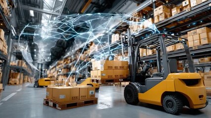Warehouse logistics: A dynamic depiction of a forklift navigating through a bustling warehouse, symbolizing the intricate interplay of technology and supply chain operations. - Powered by Adobe