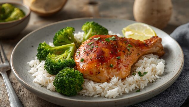 Glazed Poultry on Rice with Verdant Florets, Presented on a Textured Surface.