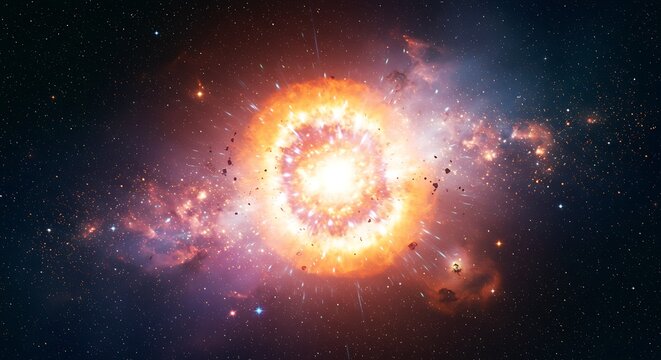 A cosmic explosion with vibrant orange and purple hues set against a starry, dark background
