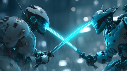 Fototapeta premium Advanced robotic figures engage in a neon blue energy blade confrontation
