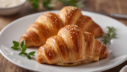 Golden Croissants on a White Plate, Delicious Pastry, Soft Lighting and Warm Colors.