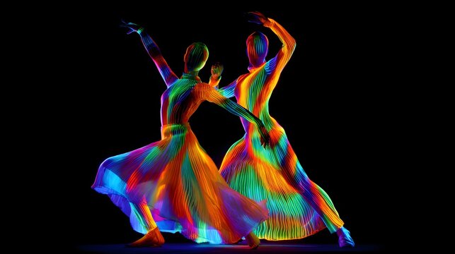 Two figures perform a stylized dance illuminated with vibrant, flowing light trails against a dark background