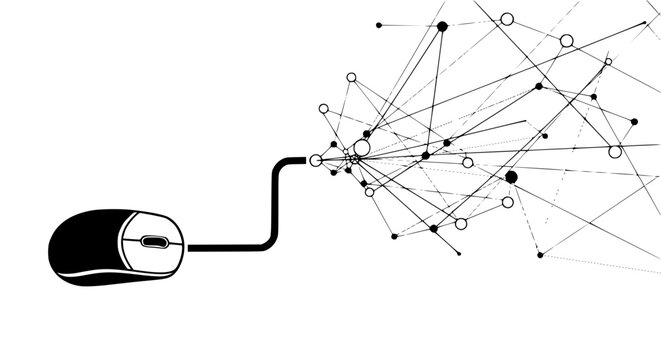 Monochrome vector of a computer mouse connected to abstract network lines, symbolizing digital connection