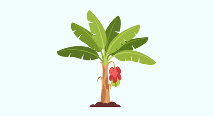 Cartoon banana tree with green leaves and hanging fruit on a light blue background