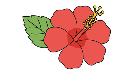 Cartoon hibiscus flower with red petals yellow stamens and a green leaf on a white background