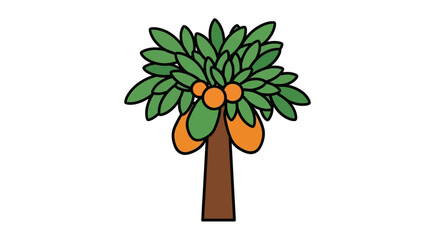 Cartoon image of an orange tree with fruits and leaves in green and orange colors with a brown trunk