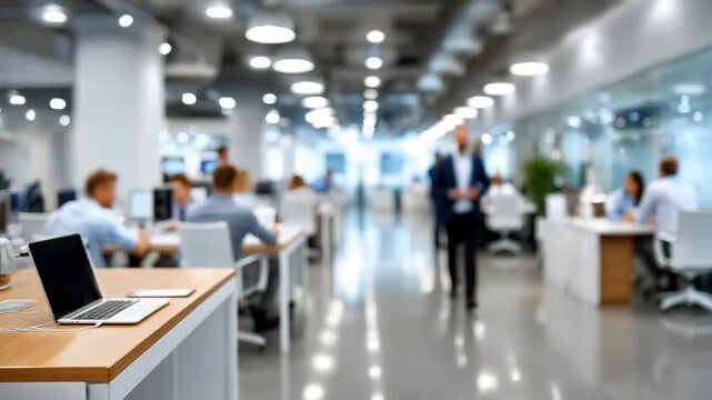 Modern Office Interior: A blurred view of a contemporary office, depicting professionals engaged in their daily tasks with focus on a laptop