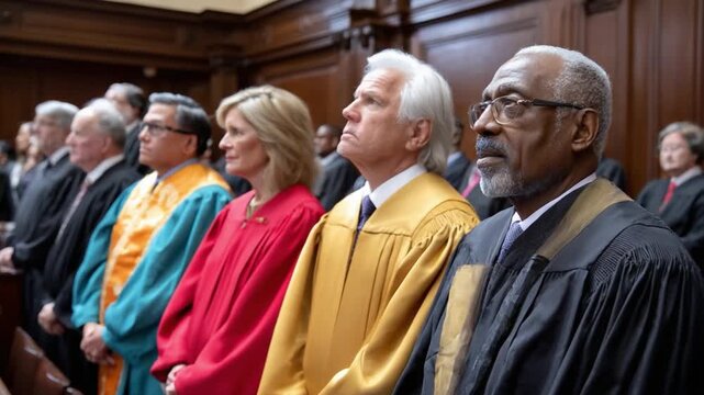 Judgment and Reflection: A panel of esteemed judges, draped in traditional robes, embodies gravitas as they sit in a solemn courtroom, capturing the essence of the judicial process. 