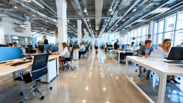 Modern Workspace: A dynamic modern office buzzing with activity, showcasing the collaboration, innovation, and productivity within a contemporary work environment.