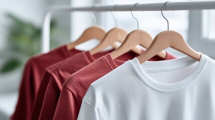 Obraz premium Row of casual t-shirts on wooden hangers in natural light setting