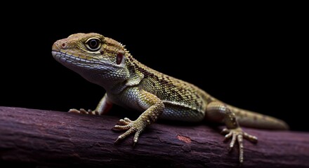 Naklejka premium A close-up shot of a small reptile perched on a dark-colored branch against a black backdrop