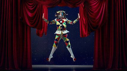 Suspended moment. Mime artist jumping on stage under red curtain in spotlight. Concept of motion...