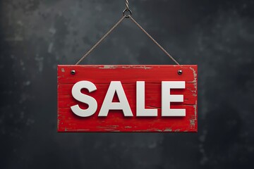 Bright Red Sale Sign Hanging Against a Dark Background to Attract Shoppers