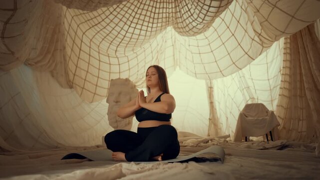 Woman enjoying calmness and silence when meditating in gym, body positivity. Sport and healthy lifestyle, practicing yoga and mental exercises for stay calm and relax, physical exercise for be healthy