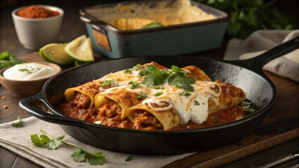 Delicious Butter Chicken Enchiladas in a Dark Pan