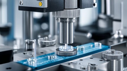 Fototapeta premium Close-up of automated industrial machinery placing a small component. Precision engineering, metallic, and modern