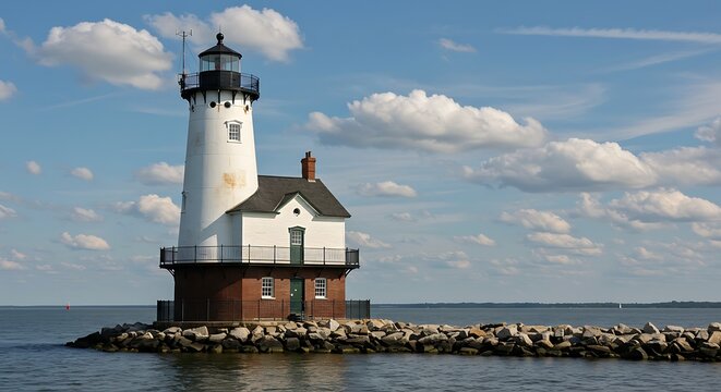 A classic white and black lighthouse on a rocky breakwater under a bright blue sky