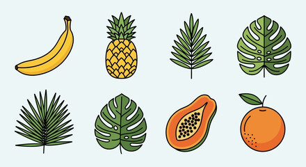 Eight colorful tropical fruit  plant cliparts on a pale backdrop
