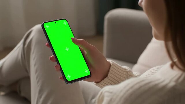 Green Screen vertical feminine hand scrolling feed on smartphone with mock up display female resting at home and checking social media mobile device close over the shoulder footage scene 4 distortion