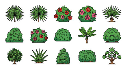 Fifteen cartoon plants in rows Greenery includes bushes flowering plants and small trees