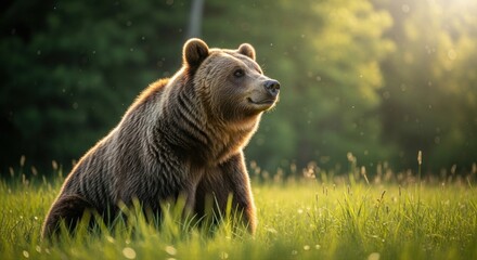 Majestic brown bear bathed in warm golden sunlight, sitting peacefully in a lush green meadow with soft bokeh background