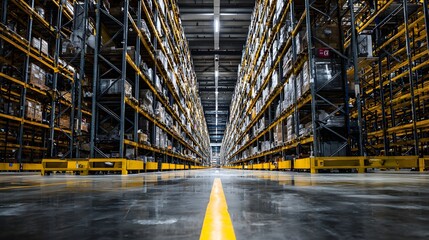 Vast industrial storage facility interior displaying tall metal shelving systems filled with packaged goods