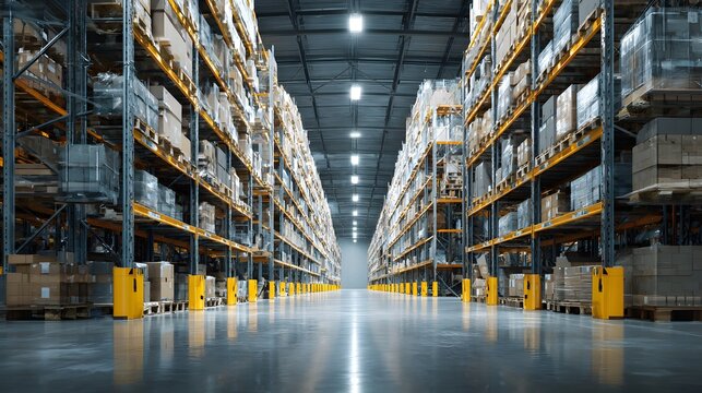 Massive storage facility showcases tall shelving units filled with stacked inventory extending into the distance - Powered by Adobe
